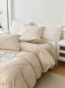 Set de lenjerie de pat 3 buc în carouri, pliat, bej (1 husă de pilota + 2 fețe de pernă, fără umplutură), romantic pentru nunți, stil american clasic de fermă, poliester confortabil și respirabil, potrivit pentru toate anotimpurile, decor dormitor