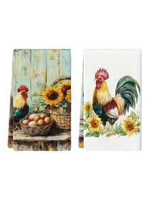 2pcs Spring & Summer Rooster Pattern Kitchen Hand Towels, Bathroom Towels, Dish Towels, Decorative Kitchen Table Accessories, Seasonal Home Kitchen Bathroom Decor, Indoor/Outdoor Party Supplies, Home Room Decor, Suitable For Daily Kitchen Decoration And Holiday Decor