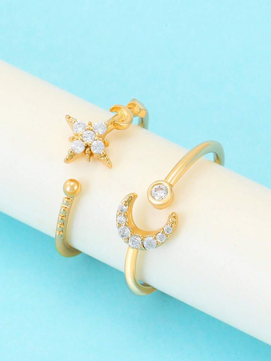 2pcs Simple Star & Moon Design Stackable Adjustable Open Rings For Women - Stars and Moon - View 1