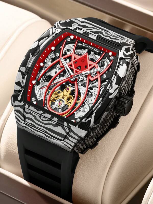 MUSANFIGO MUSANFIGO Luxury Men's Hollowed Out Automatic Mechanical Watch, Wine Barrel Shaped Luminous Sports Men's Watch