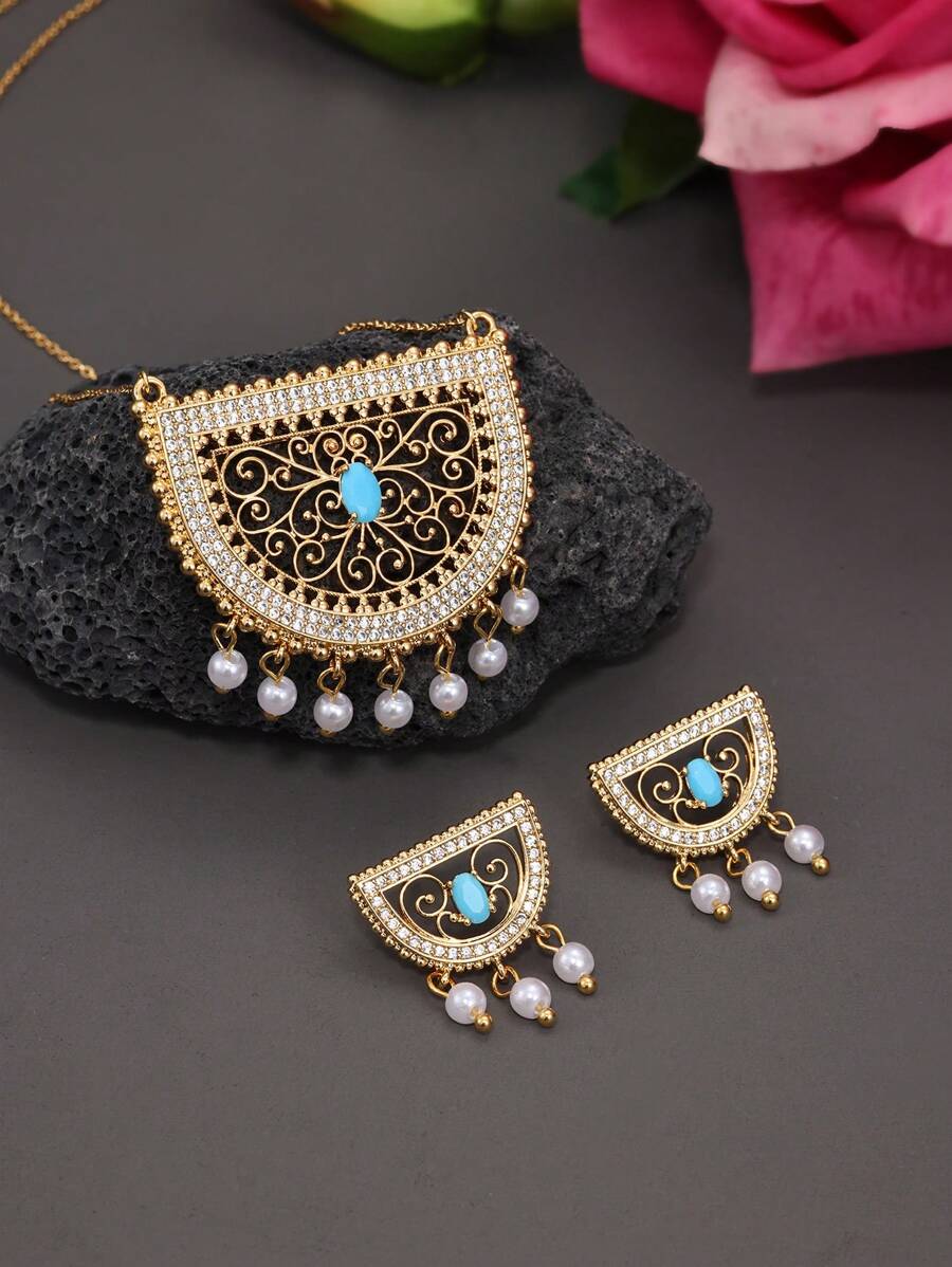 3pcs/Set Vintage Ramadan Copper Inlaid Zirconia Hollow Flower Tassel Necklace & Earrings Jewelry Set For Women