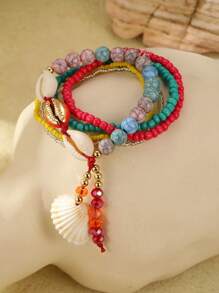 5pcs Set Women's Bohemian Style Beaded Shell Decor Bracelets