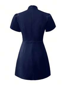 Women's Stand Collar Petal Sleeve Ruched Waist Flare Hem Short Dress