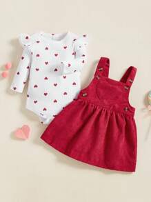 Baby Girls 2 Piece Suit Heart Pattern Ruffle Long Sleeve Round Neck Romper + Suspender Skirt - Rose Red - View 2