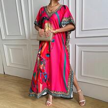 Vestido Maxi de Playa con Cuello en V, Corte Holgado y Estampado, Estilo Bohemio, Adecuado para Mujeres Talla Grande, Casual Elegante Rosa Otoño/Invierno Verano - Rosa - Ver 2