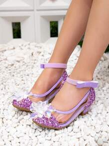 New Girls Sequined Round Toe Purple High Heel Transparent Glass Jelly Princess Shoes, Children Chunky Heel Cute Flats - Purple - View 5