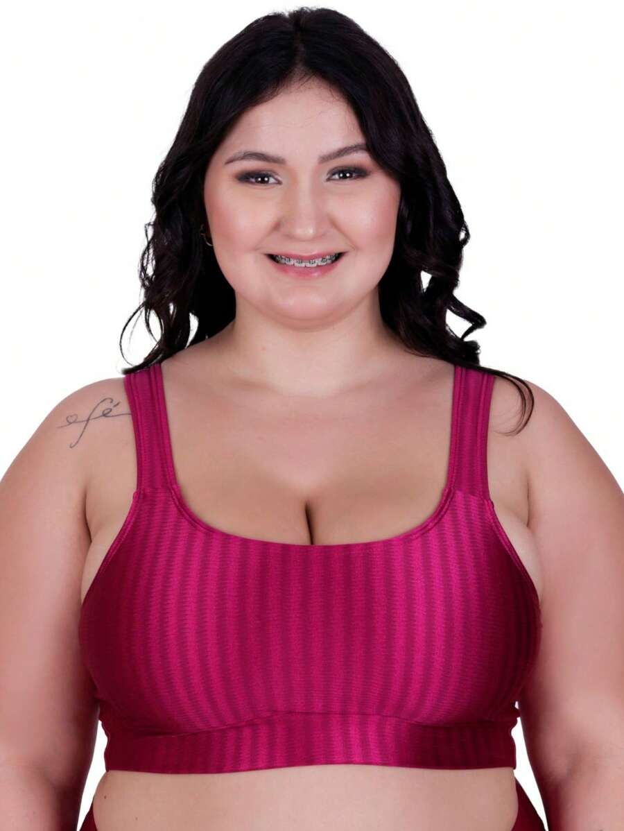 Plus Size Gym Cropped Fitness Top With Wide Straps - Màu Hồng Tươi - Xem 1