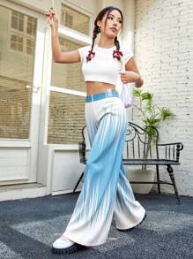 Pantalones de pierna ancha y cintura alta - Azul y blanco - Ver 1