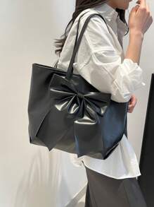 Fashionable Solid Color Shoulder Tote Bag With Butterfly Decor, Elegant And Cute Bowknot Ladies Handbag, Versatile Work Bag - Black - View 5