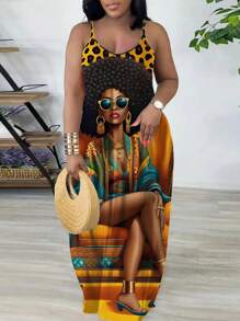 大码时尚印花无袖夏季连衣裙，带口袋，适合度假派对，优雅大方 - 彩色 - 查看 1