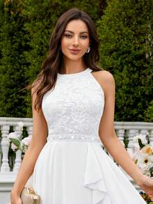 MIUSOL Floral Lace Patchwork Halter Neck Ruffle Hem Chiffon Party Dress - White - View 8