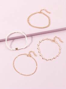 4pcs Holiday Style Heart Chain Pearl Anklet (Random Heart Chain Quantity, Based On Length) Valentine's Day Valentines,Mom,Mother,Mother's Day,Gift