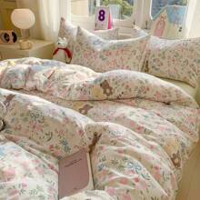 4 件套花卉蝴蝶结床上用品套装（1 * 羽绒被套 + 1 * 床单 + 2 * 枕套），幸运字母和可爱熊图案，适用于单人床、双人床、大床，羽绒被套和枕套不带内芯，所有季节，返校季 - 小熊 - 查看 1