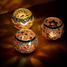 3 Pieces Handmade Mosaic Candle Holder Set - Unique Star And Moon Design Tea Light Holder, Tabletop Decorative Candle Holder, Suitable For Wedding Anniversary, Birthday, Party Decoration And Romantic Dinner - Stained Glass Decoration, Handmade Pen Holder, Potted Bowl, Glass Small Candle Holder, Suitable For Home, Restaurant, Bar And Holiday Celebrations Gifts Graduation
