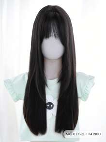 SHUDUO 1 件合成耐热直发假发黑棕色假发，24 英寸长，带刘海，由适合日常使用的纤维制成，自然逼真的假发（不含配件）