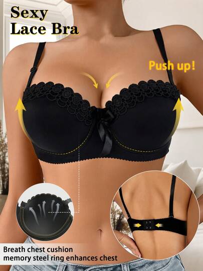 Sexy Lace Bras For Women Push Up Underwire Bra Backless Underwear With Bow Decoration Goth Shaping Support Lingerie Crop Top Bra