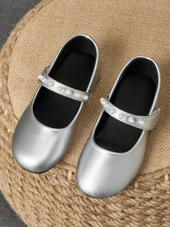 1 Par de Zapatos Ceremoniales de Punta Redonda de Piel Suave para Niñas, Zapatos Escolares de Moda Adorables para Actuaciones, Zapatos Planos Decorados a Mano con Cuentas