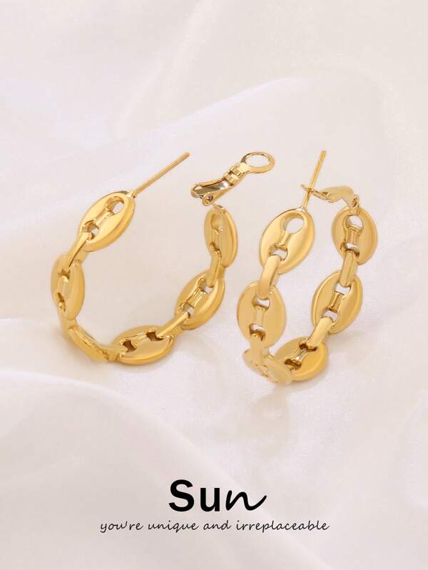 1pair Stainless Steel Coffee Bean Shape Hoop Earrings For Women Fashion Simple Round Earrings Jewelry Gift