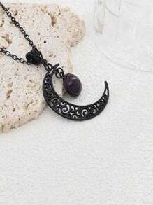 1pc Gothic Boho Style Black Floral Crescent Necklace