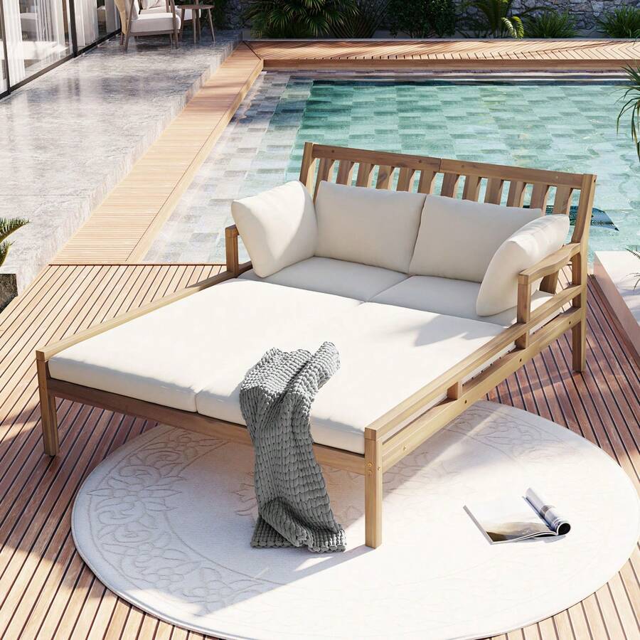 MERAX Outdoor Daybed, Patio Daybed With Four Pillows, Wooden Outdoor Bed With Curved Armrests For Poolside, Backyard, Garden (Light Teak+Beige Cushion) (Gray+Beige Cushion) - Light Teak+Beige Cushion - View 1