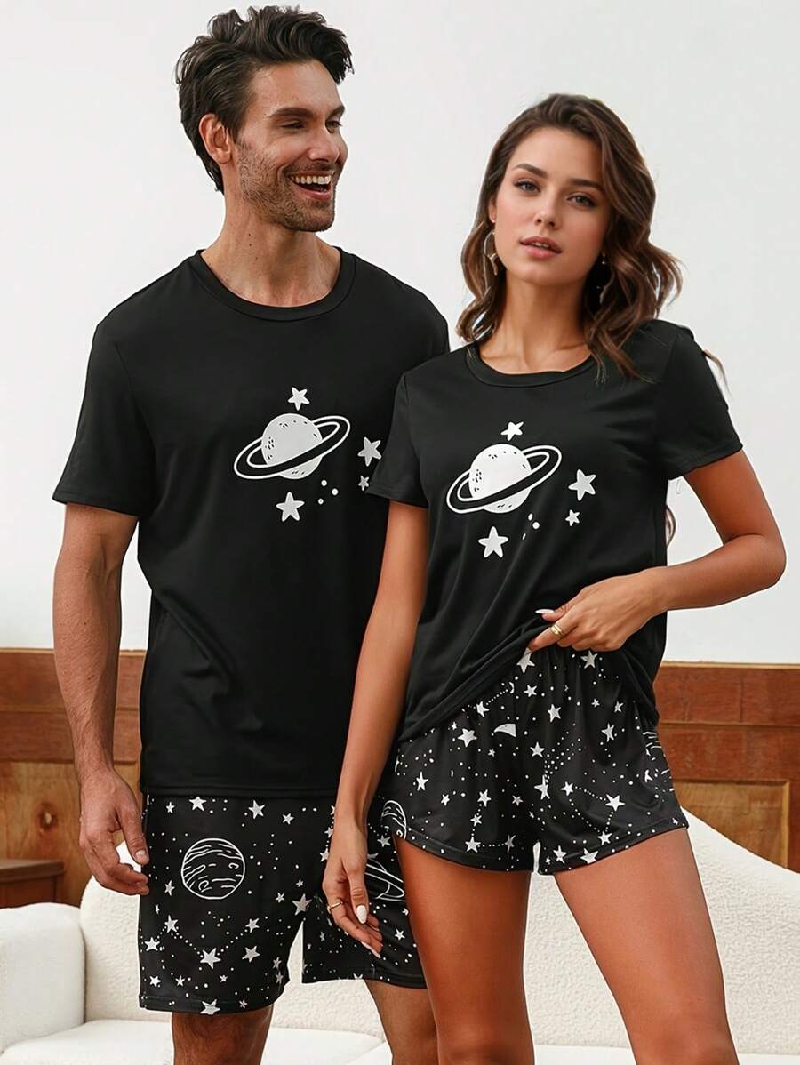 Set de pijamale pentru bărbați, cu mâneci scurte, cu imprimeu planetă, cu mâneci scurte, îmbrăcăminte ușoară de vară
