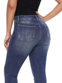 Plus Size Women Straight Leg Jeans High Rise Slit Hem Bootcut Stretchy Denim Pants Casual Daily
