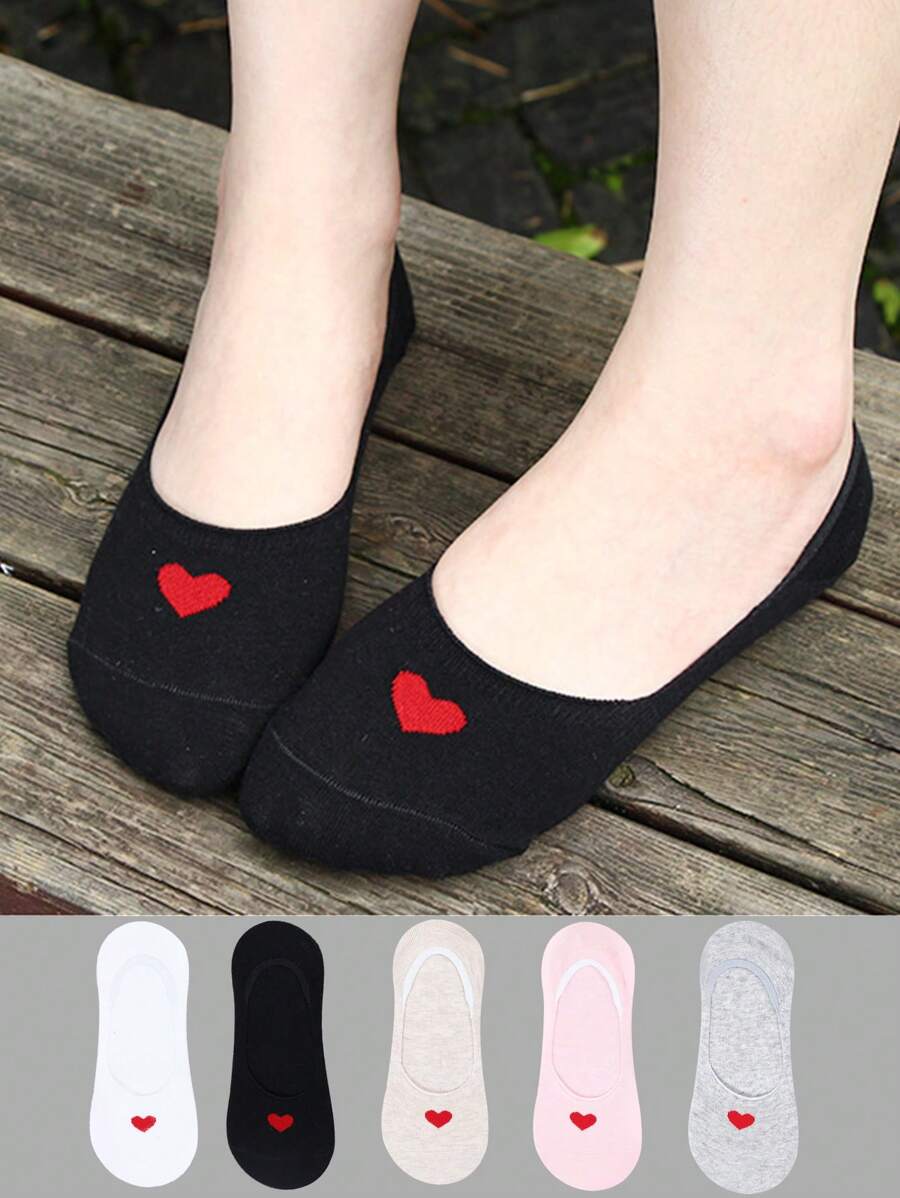 1/5/10 Pairs Women Low Vamp Socks Invisible Socks Anti-Slip, Heart Pattern, Fashion Versatile, Sweat-Absorbent, Breathable, Spring/Summer - Multicolor - View 1