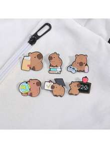 1pc/4pcs/5pcs/6pcs/9pcs Cute Capybara Student Design Hamburger, French Fry, Cartoon Badge, Adorable Capybara Enamel Pin, Cartoon Brooch - Brown - View 27