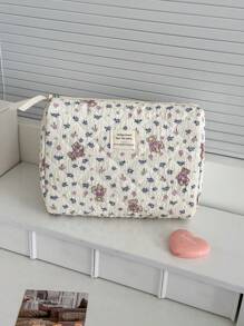 Bolsa de maquillaje de tela suave con estampado de oso de peluche morado con flores, cierre con cremallera, linda bolsa de almacenamiento para cosméticos, viajes y uso doméstico