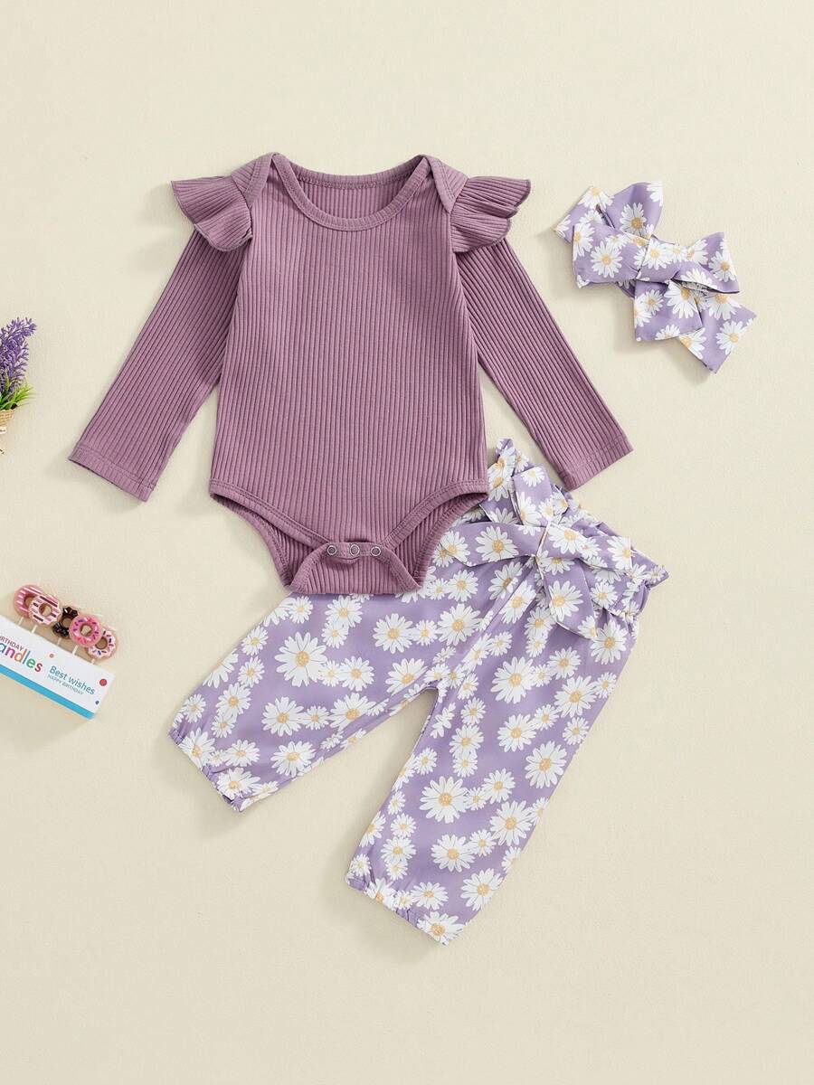 Baby Girls 3 Piece Outfit Long Sleeve Ruffled Ribbed Romper Daisy Print Lacing Pants Hairband Set - Purple - View 1