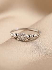 BALMORA 1pc 925 Sterling Silver Round Ball Zirconia Inlaid Ring, Minimalist & Fashionable Finger Ring For Women