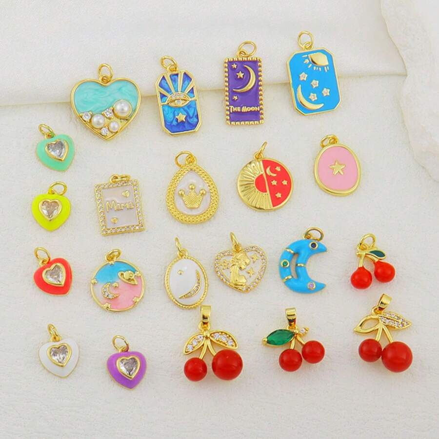 1 pieza de Colgante de forma de cereza, luna y ojo malvado de cobre con micro incrustación de circonita, adecuado para pulsera, tobillera, pendientes, collar, llavero y decoración colgante versátil. - Multicolor - Ver 1