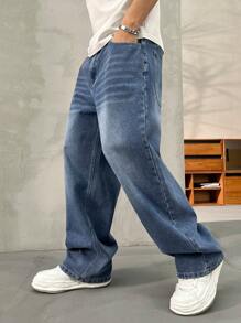 HEHCN 男士口袋阔腿宽松牛仔裤，蓝色休闲街头风格裤，适合送给丈夫或男朋友 - 藍色 - 查看 7