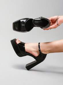 Women's Black High Heel Shoes With Waterproof Platform, Glossy PU Material, Thick Wedge Heel, Open Toe, Suitable For Summer Party