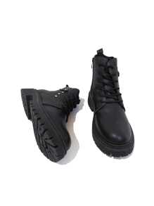 Botas cortas de piel artificial para mujer, color sólido, suela gruesa, tacón cuadrado, correa de hebilla, con lengüeta Botas Mujer Punta Redonda Tacón Grueso Tacones Botines Mujer Suela con Tacos Plataforma Moderno Cómodo Botas para Mujer Botin Para Dama Plataforma Alta En Blanco Rocker Botas De Tobillo For Mujer Con Cordones Y Cremallera Lateral, Plataforma De Bota, Zapatos De Tacón Grueso, Botines Cortos De Combate - Negro - Ver 7