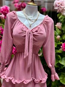 SHORT DRESS WITH LONG SLEEVES AND SPRING, COUNTRY STYLE, DOUBLE Ruffle, CEY FABRIC. MOD. ELSIE - Pink - View 8