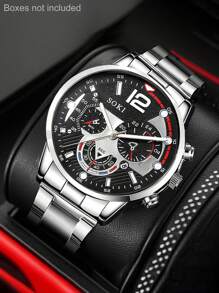 SOKI SOKI 1 chiếc đồng hồ nam, kiểu dáng công sở thường ngày, lịch, dây đeo thép không gỉ, mặt số số, đồng hồ thạch anh cổ điển, thích hợp đeo hàng ngày, làm quà sinh nhật, quà dự tiệc, quà ngày lễ, cũng là món quà lý tưởng cho bản thân hoặc bạn bè. Không kèm hộp đựng. - Bạc - Xem 3