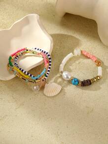 4 件装女士波西米亚风格海滩元素玻璃珠、海星、贝壳、水晶球吊坠手链套装 - 彩色 - 查看 5