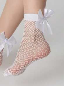 1 paire de bas à nœud papillon en maille pour enfants, style princesse avec chaussettes en soie blanche et chaussettes en résille noire, pour adolescents