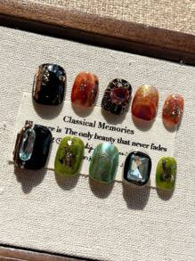 10 件手工可穿戴美甲假指甲、手绘粉色猫眼油画挤压卡通 3D 马卡龙手绘涂鸦手工指甲、短梯形按压指甲、迷人按压指甲、短吻按压指甲、手绘短指甲、极简设计指甲、全假指甲、Y2K 指甲、独特创意假指甲、促销日常指甲、可重复使用的日常指甲，适合女性和女孩在派对和晚宴上使用、美甲用品指甲