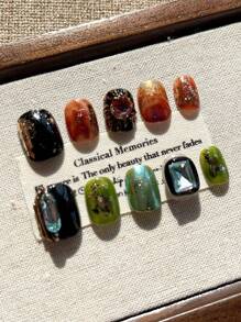 10 件手工可穿戴美甲假指甲、手绘粉色猫眼油画挤压卡通 3D 马卡龙手绘涂鸦手工指甲、短梯形按压指甲、迷人按压指甲、短吻按压指甲、手绘短指甲、极简设计指甲、全假指甲、Y2K 指甲、独特创意假指甲、促销日常指甲、可重复使用的日常指甲，适合女性和女孩在派对和晚宴上使用、美甲用品指甲