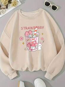 Moelton Crew Neck Strawberry Print 100% Cotton Cute - 卡其色 - 查看 1
