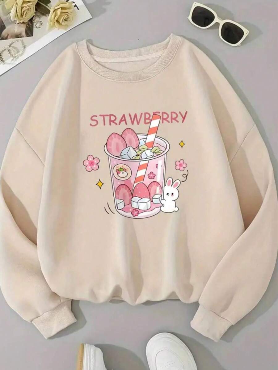 Moelton Crew Neck Strawberry Print 100% Cotton Cute - 卡其色 - 查看 1