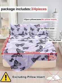 3/4pcs Purple Butterfly Pattern Print Polyester Sheet Set, Idyllic Style Soft Breathable Flat Sheet & Fitted Sheet Bedding Set For All Seasons (1 Flat Sheet+ 1 Fitted Sheet+ 1/2 Pillow Shams)