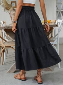 Falda midi casual de mujer con volantes en la cintura, bolsillos y dobladillo con volantes en unicolor - Negro - Ver 5