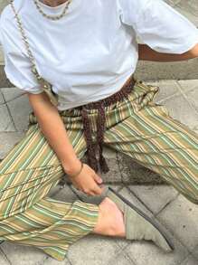 Women's Spring Summer Drawstring Pants Leopard/Stripe Print Loose Wide Leg Trousers