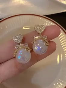 1pc Delicate Faux Pearl Earrings, Cute Heart Crystal Bowknot Charming Sweet Celebrity Earrings - Multicolor - View 1