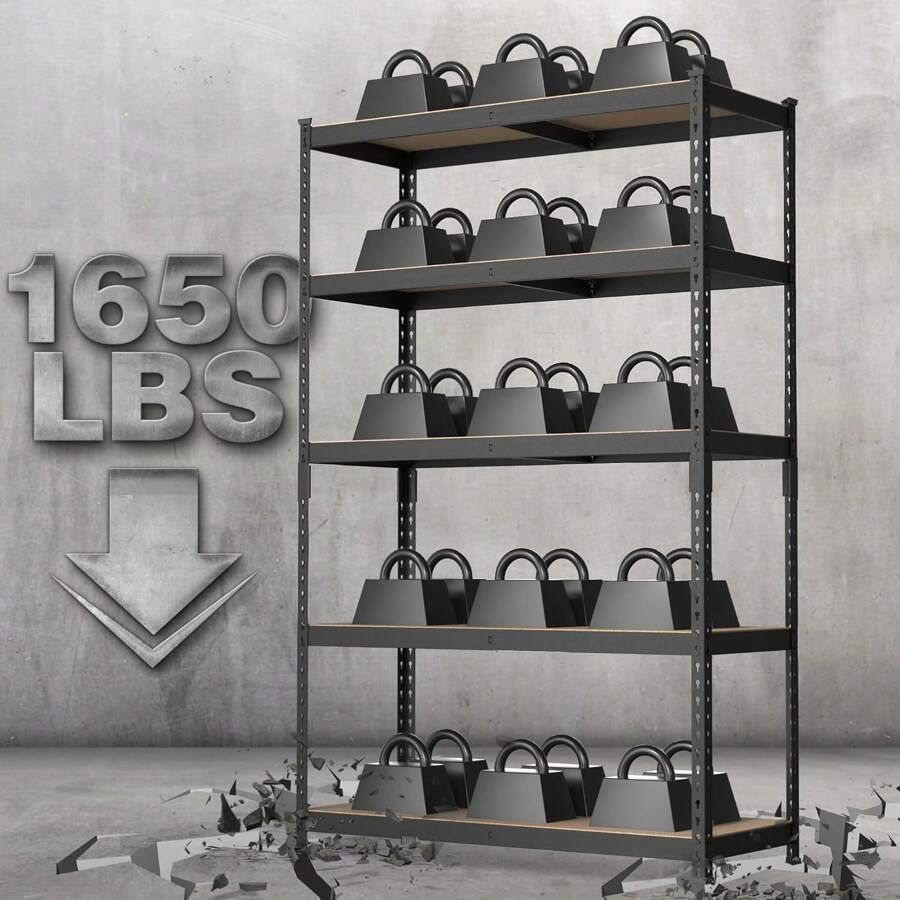 5-Tier Steel Shelving Unit-Black, 35-3/10"W X 17-1/2"D X 72"H, Adjustable Storage Rack, Heavy Duty Shelf With MDF Board, 1650 Lbs Load Capacity (Total) For Garage, Basement, Warehouse, Kitchen