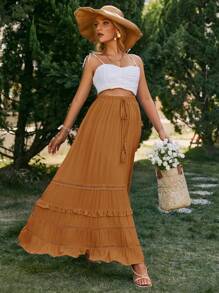 Simplee 休闲度假西部风女式宽松流苏荷叶边裙 - 土橘色 - 查看 4