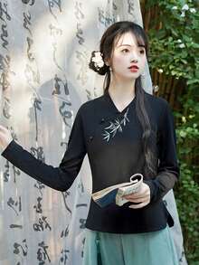 优雅复古中国风竹叶刺绣长袖轻盈休闲唐装 - 黑色 - 查看 6